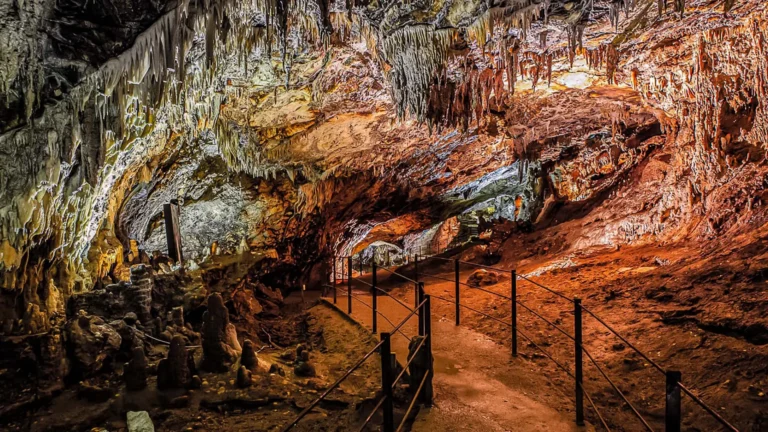 Percorso delle Grotte di Castelcivita tra stalattiti e stalagmiti illuminate, con il camminamento protetto da una ringhiera Percorso delle Grotte di Castelcivita tra stalattiti e stalagmiti illuminate, con il camminamento protetto da una ringhiera
