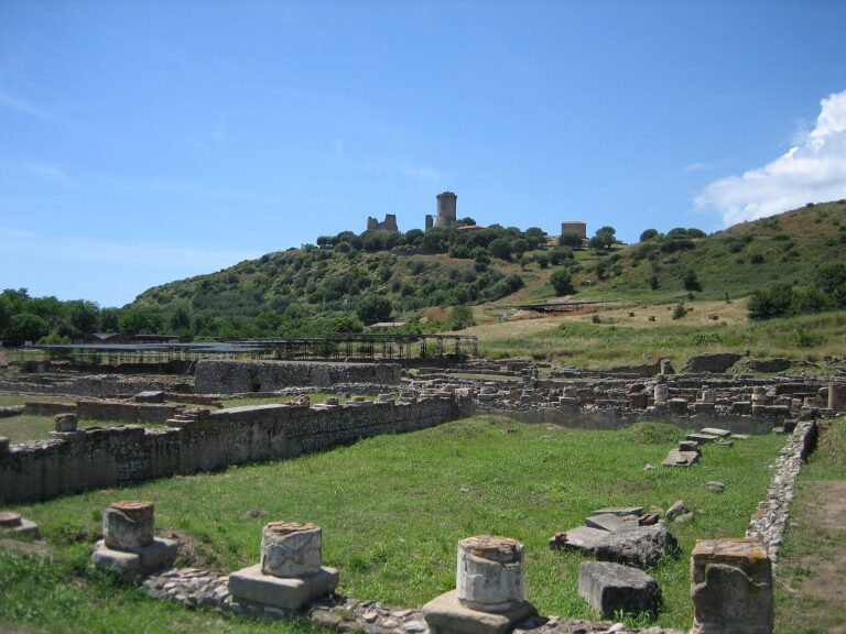 Gli scavi della città bassa di Velia con basi di colonne nel prato e, sulla collina, la torre medievale dell'Acropoli Gli scavi della città bassa di Velia con basi di colonne nel prato e, sulla collina, la torre medievale dell'Acropoli